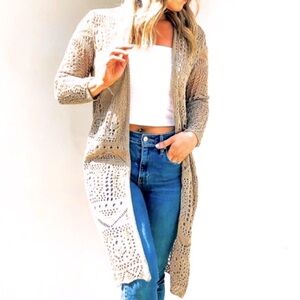 Beige Crochet Long Duster, Spring/Fall Transitional Piece. Near New, SizeM
